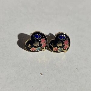Vintage Heart Stud Earrings Women's Black Enamel Floral Butterfly Cloisonne
